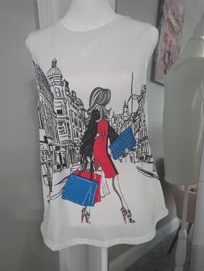 BOUTIQUE Graphic Shopping Girl Sleeveless Top in White, Red & Blue